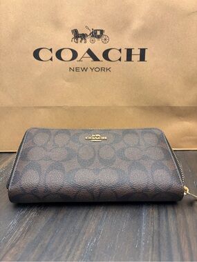 Coach Dark Brown Signature Zip Wallet with Gold Hardware